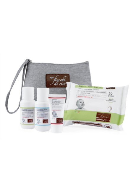 Cofanetto Bebè con pasta cambio, detergente corpo/capelli e talco, detergente intimo, salviette e pochette - Fiocchi di Riso