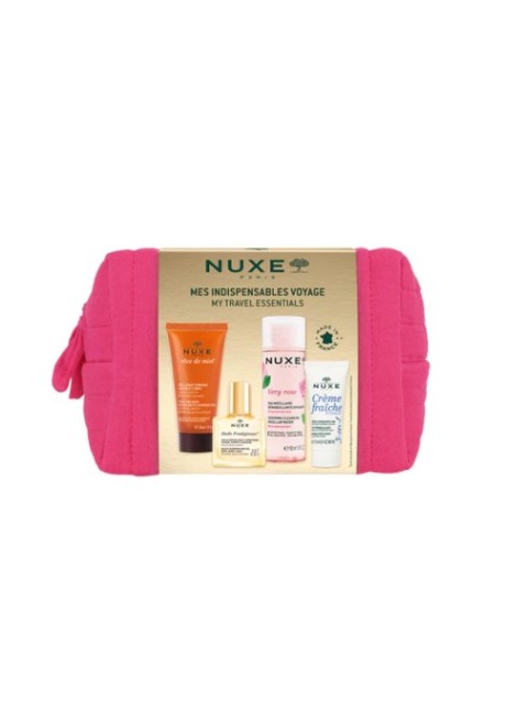 Nuxe trousse voyage- acqua micellare very rose 100ml, creme fraiche 3in1 15ml, huile prodigieuse 10ml, F&B cleansing gel 30ml