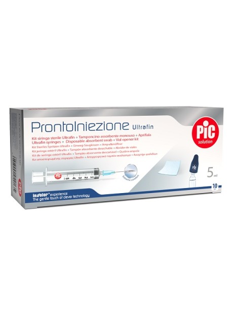 PRONTOINIEZIONE ULTRAFIN KIT SIRINGA STERILE 5 ML GAUGE 23 10 PEZZI + TAMPONCINO ASSORBENTE MONOUSO + APRIFIALA