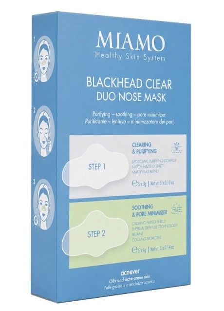 MIAMO HEALTY SKIN SYSTEM ACNEVER BLACKHEAD CLEAR DUO NOSE MASK STEP 1 CLEARING & PURIFYING 5 PEZZI 3 G + STEP 2 SOOTHING& PORE MINIMIZER 5 PEZZI 4 G +10 COTTON FIOC