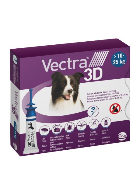 VECTRA 3D*spot-on soluz 3 pipette 3,6 ml 196 mg + 17,4 mg +1.429 mg cani da 10 a 25 Kg, tappo applicatore blu