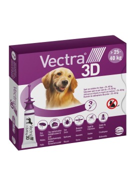 VECTRA 3D*spot-on soluz 3 pipette 4,7 ml 256 mg + 22,7 mg +1.865 mg cani da 25 a 40 Kg, tappo viola