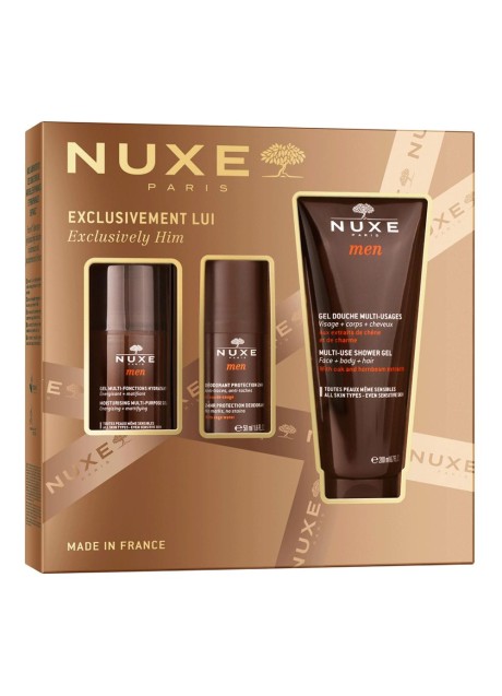 Nuxe cofanetto Solo per LUI 2025 - 1 Nuxe men gel viso multi funzione (idratazione, antiage) 50 millilitri + 1 deodorante protezione 24 ore 30 millilitri + 1 gel doccia uomo 200 millilitri