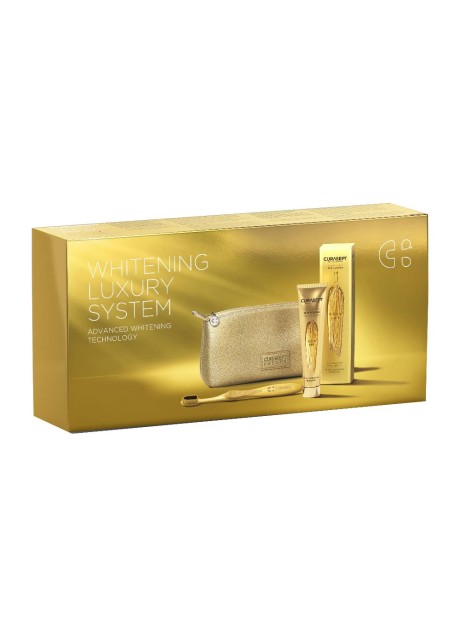 CURASEPT COFANETTO LUXURY GOLD 2025 WHITENING TOOTHPASTE 75ML + TOOTHPASTE TOOTHBRUSH + POCHETTE