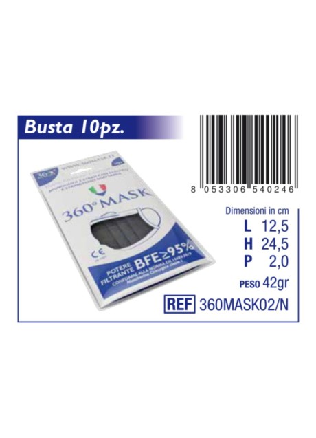 MASCHERINA CHIR NERA 360MASK 10P