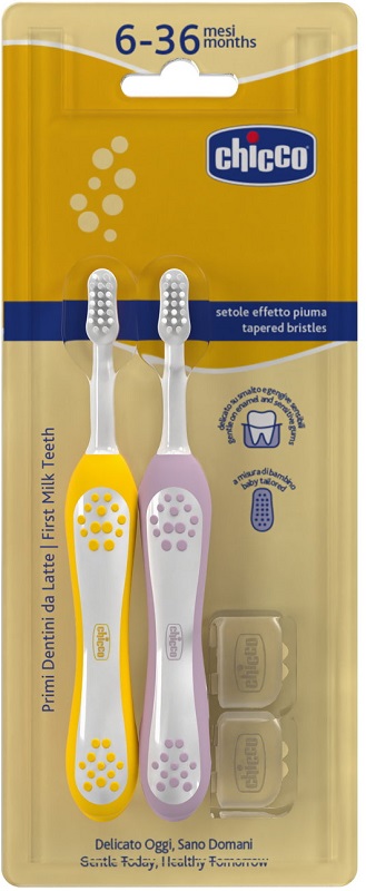 Spazzolino doppio rosa-giallo chicco da 6 mesi