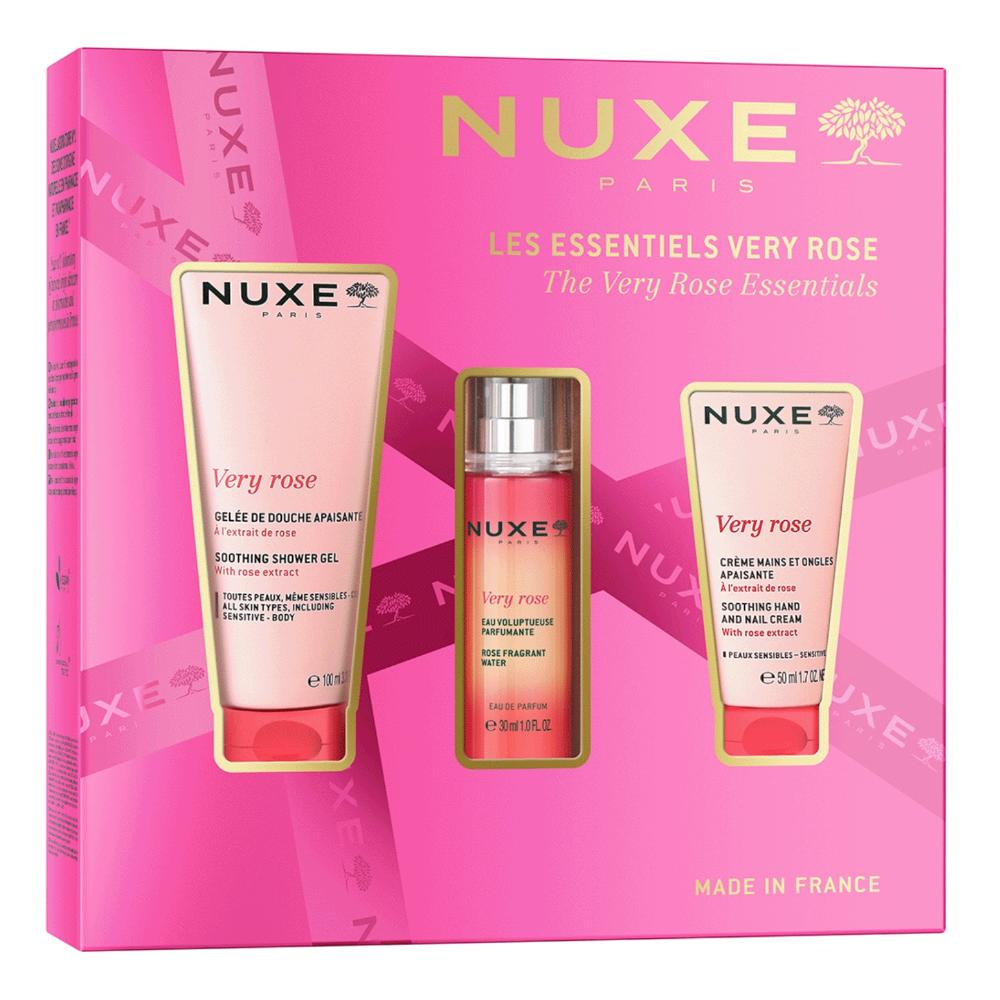 Nuxe cofanetto gli essenziali Very Rose 2025 - 1 gel doccia delicato lenitivo 100 millilitri + 1 acqua profumata alla rosa 30 millilitri + crema mani e unghie 50 millilitri