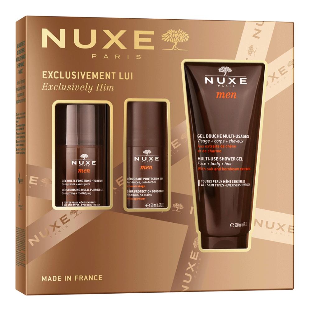 Nuxe cofanetto Solo per LUI 2025 - 1 Nuxe men gel viso multi funzione (idratazione, antiage) 50 millilitri + 1 deodorante protezione 24 ore 30 millilitri + 1 gel doccia uomo 200 millilitri