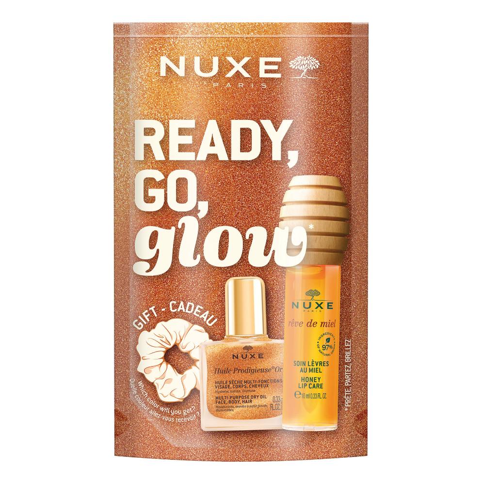 Nuxe Ready Go Glow - Gloss Labbra Reve De Miel 10 millilitri + Huile Prodigieuse Or 10 millilitri + elastico per capelli