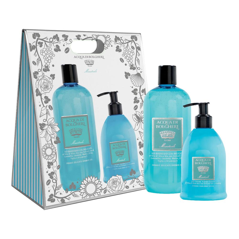 Acqua di Bolgheri- Maestrale Cofanetto Bag- Bio Bagnodoccia delicato all'olio di Oliva Bio + Crema Fluida Corpo all'olio di Oliva Bio