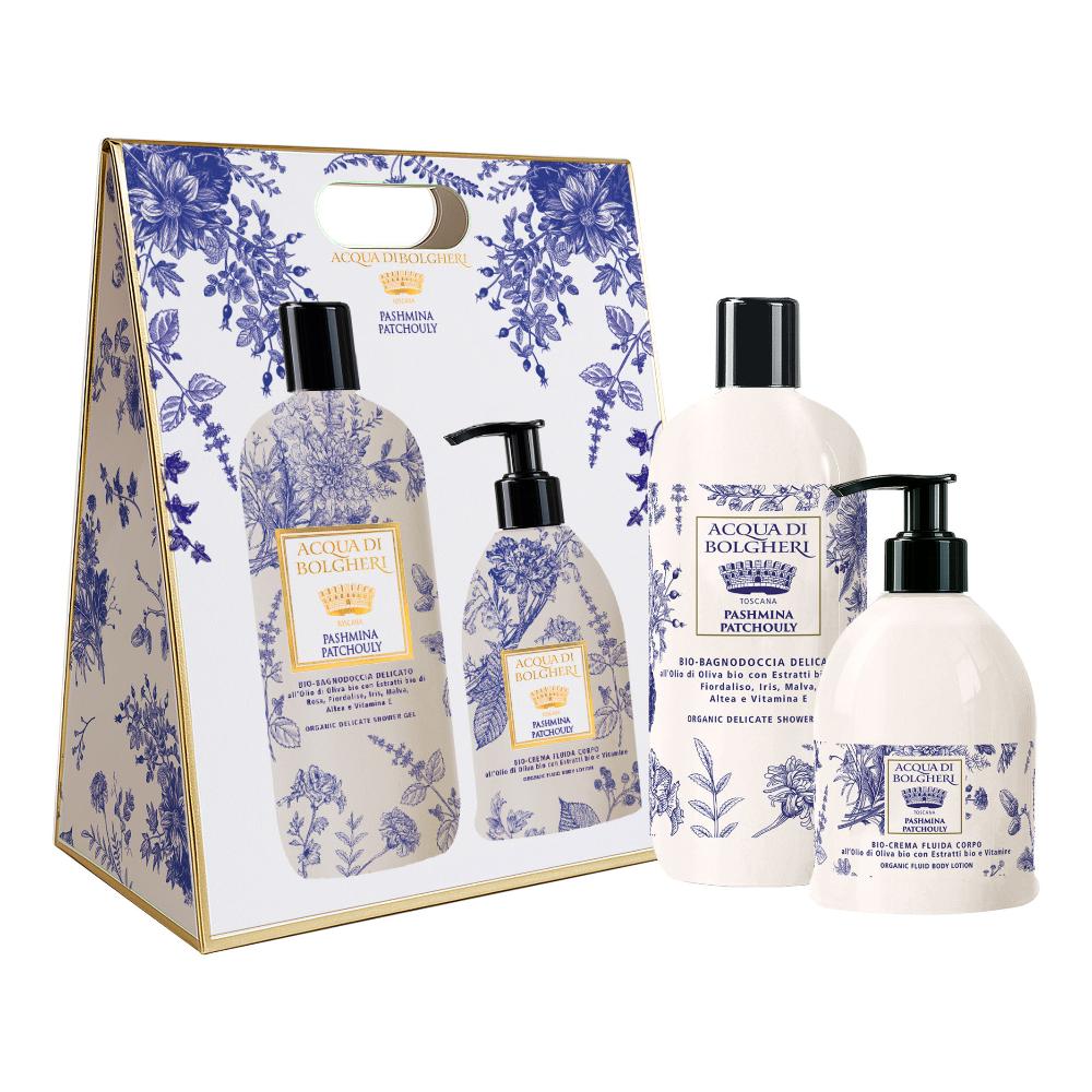 PASHMINA PATCHOULY COF BAG BIO BAGNODOCCIA DELICATO ALL'OLIODI OLIVA BIO + BIO CREMA FLUIDA CORPO ALL'OLIO DI OLIVA BIO