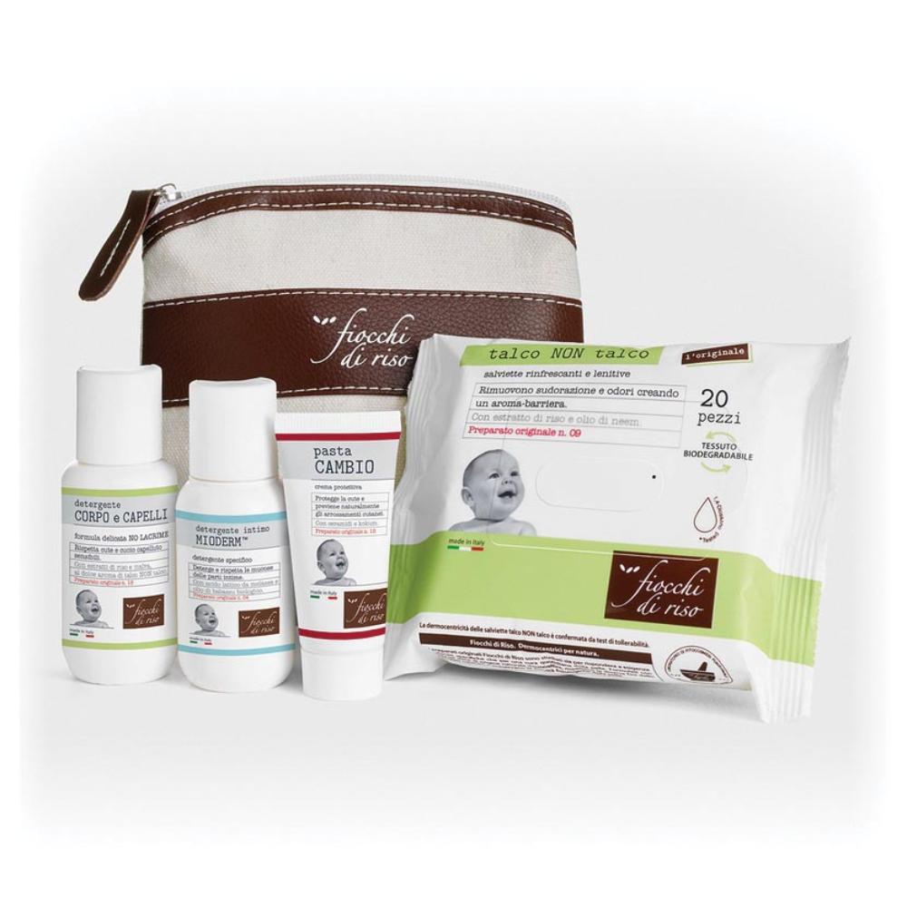 Cofanetto Bebè con pasta cambio, detergente corpo/capelli e talco, detergente intimo, salviette e pochette - Fiocchi di Riso