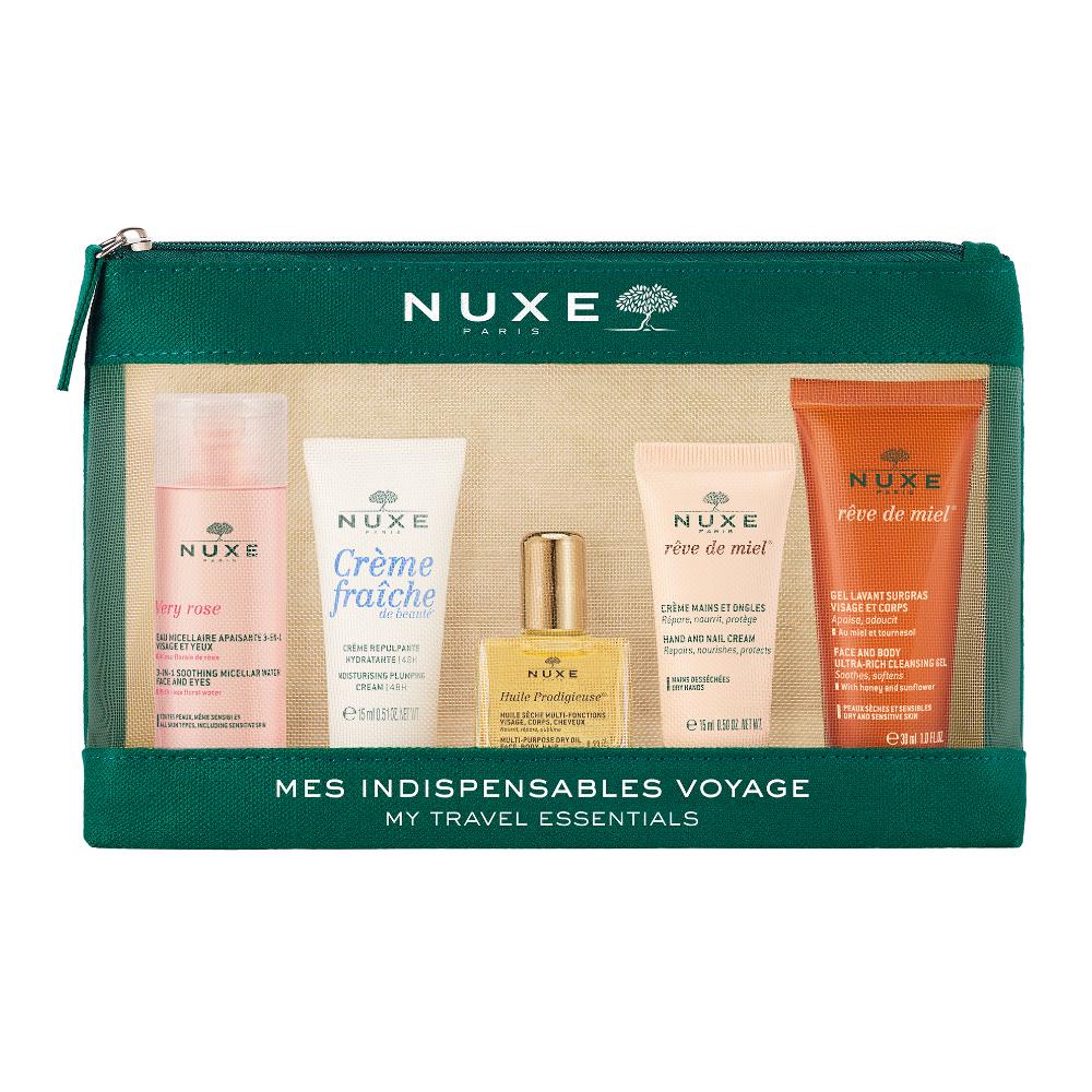 NUXE TROUSSE VOYAGE INSTI 23 1 VERY ROSE MICELLAR WATER 50 ML + 1 CREME FRAICHE PLUMPING CREAM 15 ML + 1 HUILE PRODIGIEUSE 10 ML + 1 HAND CREAM 15 ML + 1 SHOWER GEL 30 ML